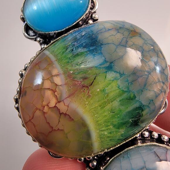 Handmade Rainbow Fluorite and Blue Chalcedony Pendant in Sterling Silver Setting - Picture 7 of 10